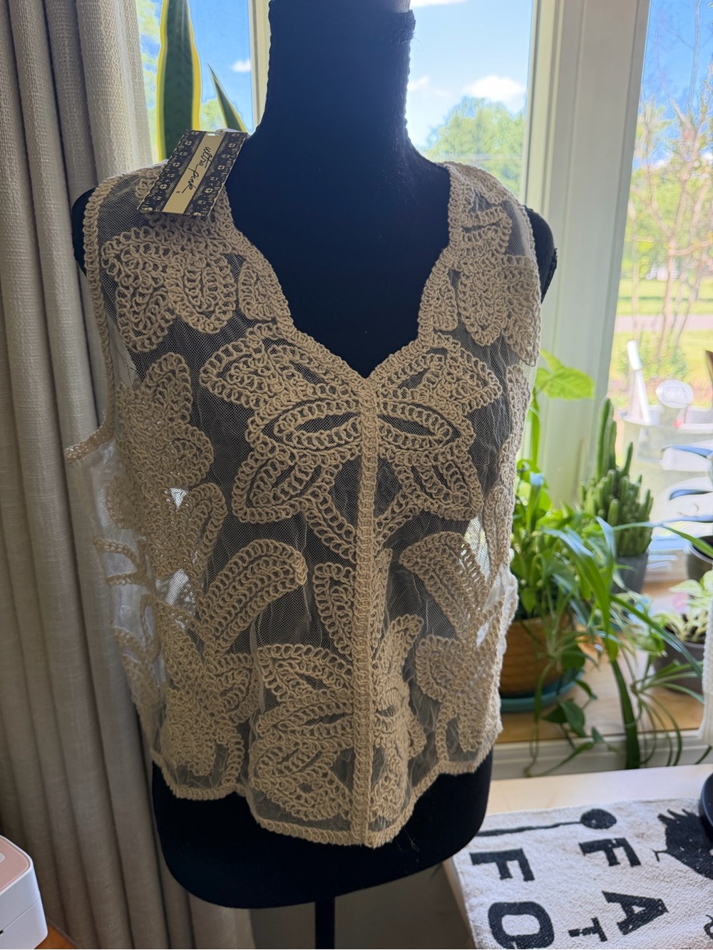 Ultra Pink Cream Crochet Lace Panel Top